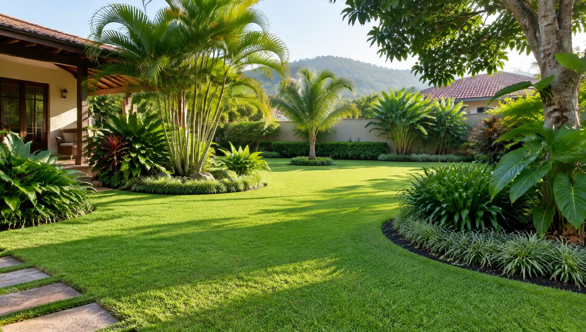 Jardim residencial com gramado e plantas ornamentais
